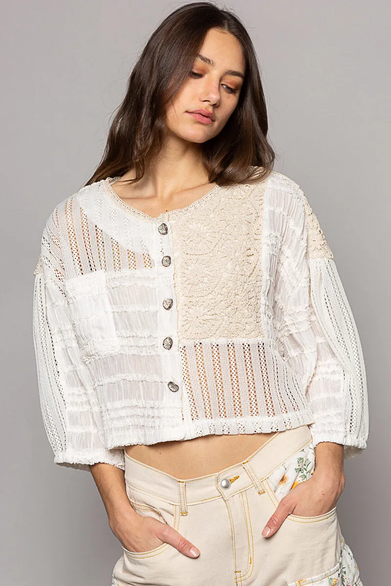 POL Women's Cream Chiffon and Crochet Jacket Top