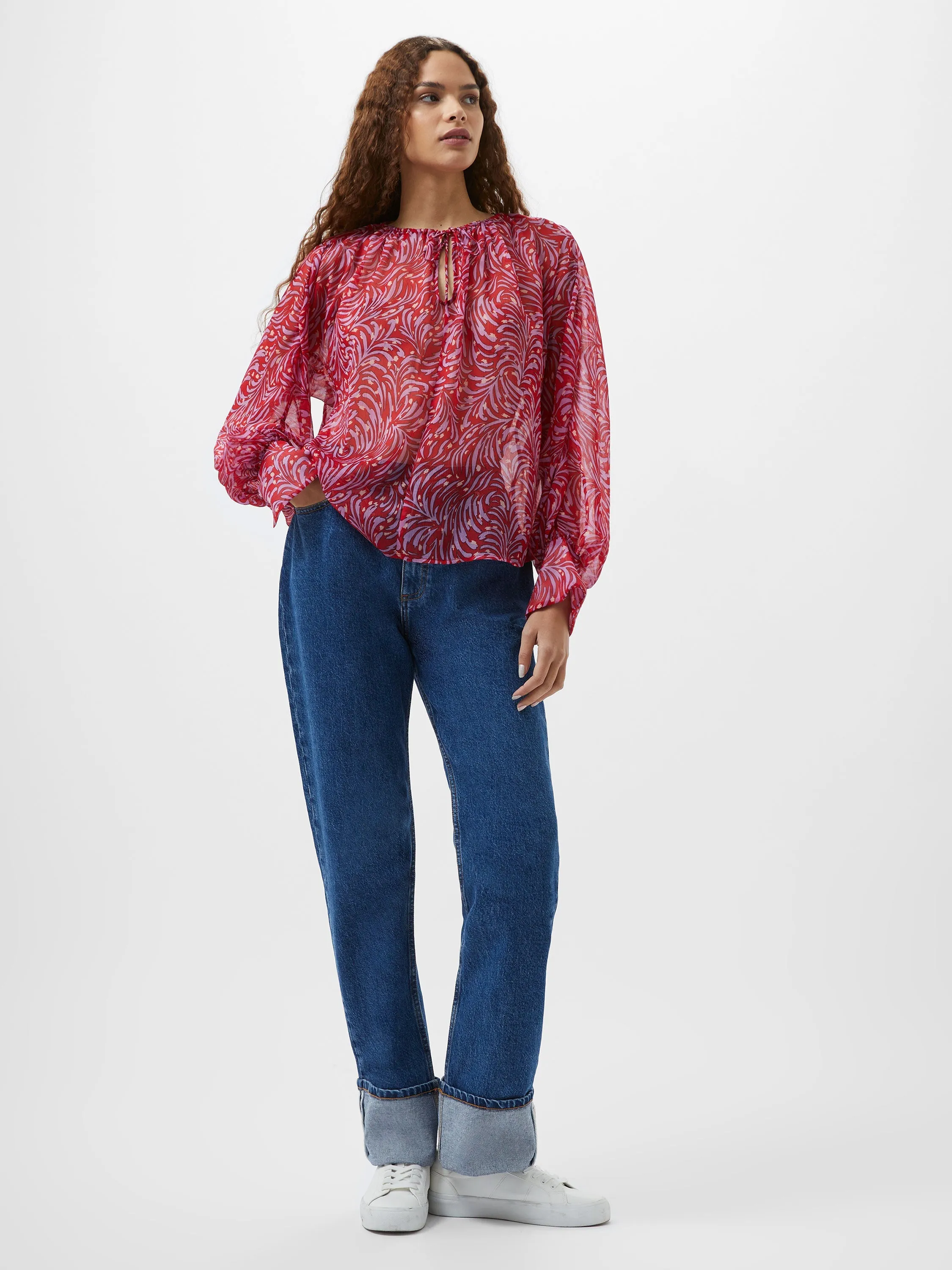 Printed Chiffon Keyhole Long Sleeve Top