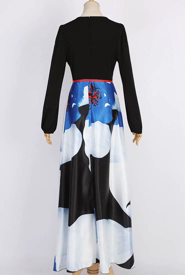 Printed Sexy V-neck Long Sleeve Maxi Dress
