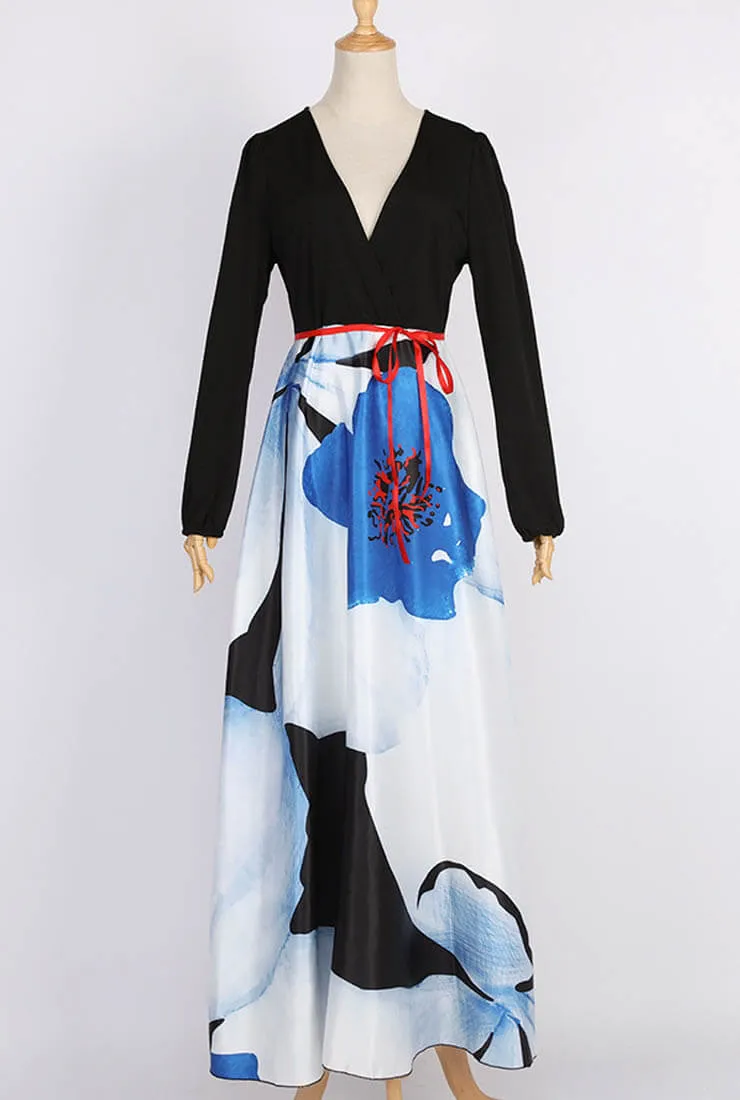 Printed Sexy V-neck Long Sleeve Maxi Dress