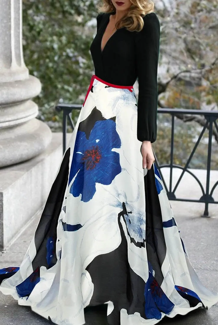 Printed Sexy V-neck Long Sleeve Maxi Dress