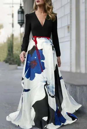 Printed Sexy V-neck Long Sleeve Maxi Dress