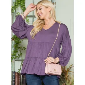 Purple Curvy Fit Long Sleeve Peplum Top