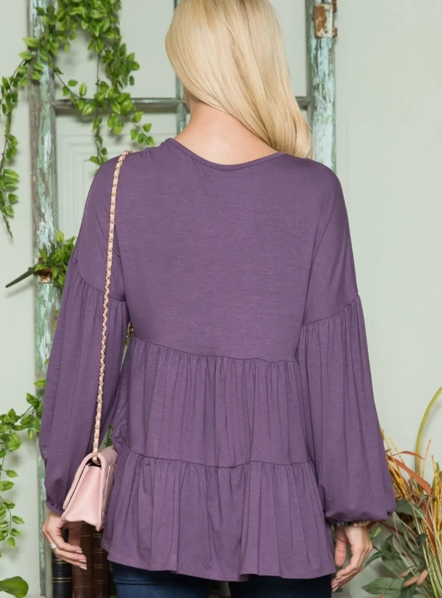 Purple Curvy Fit Long Sleeve Peplum Top