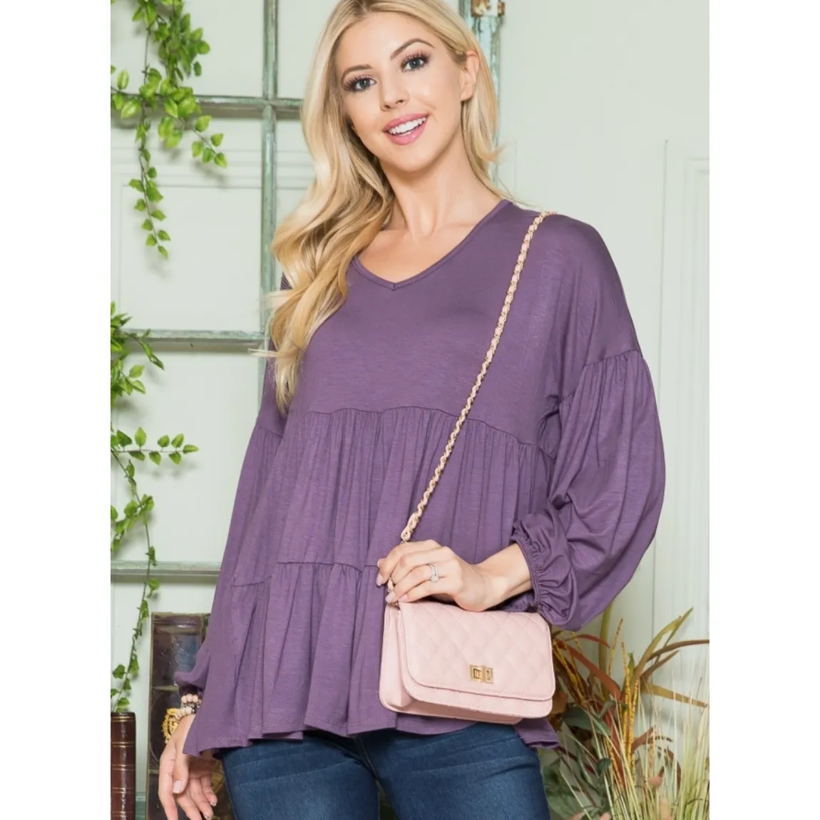 Purple Curvy Fit Long Sleeve Peplum Top