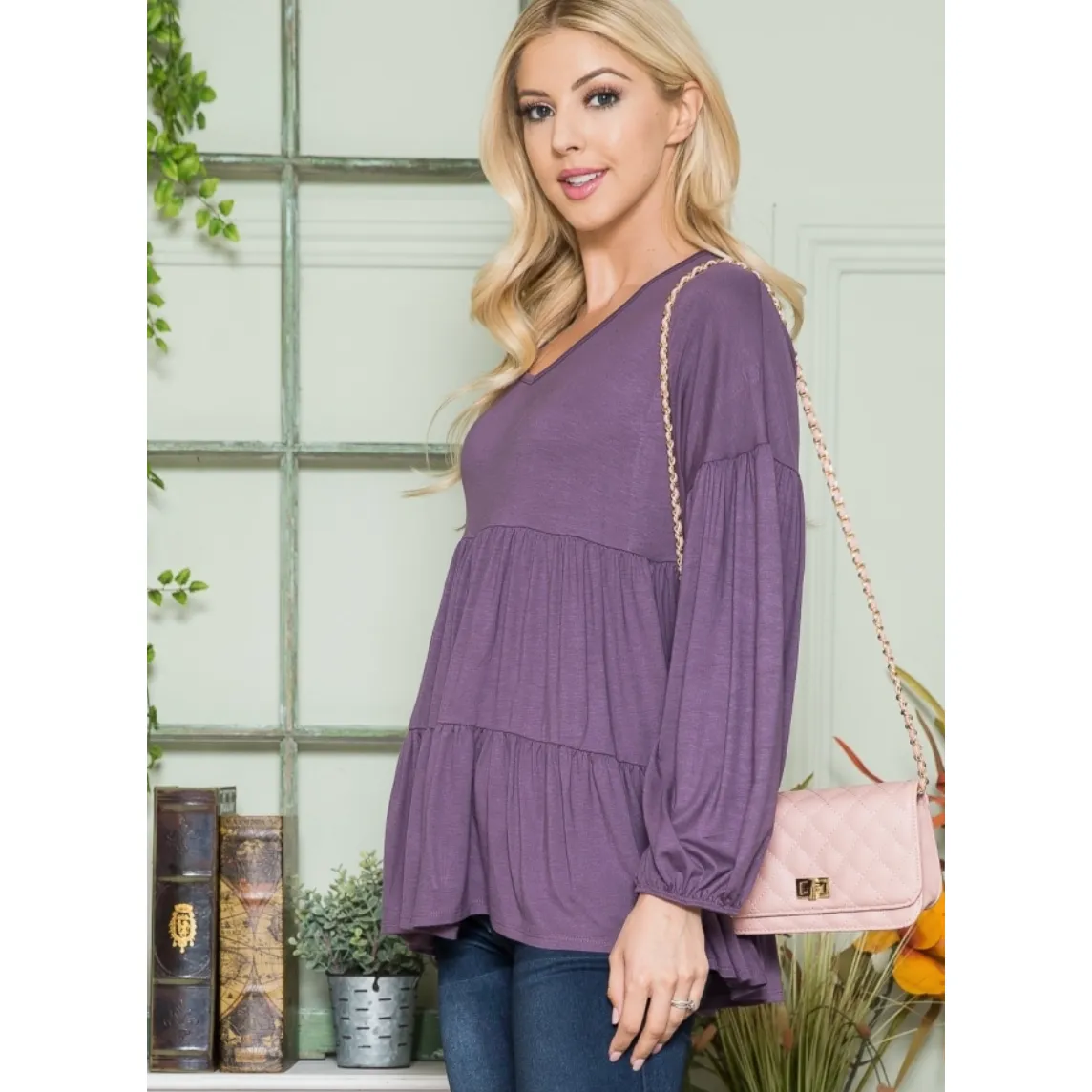 Purple Curvy Fit Long Sleeve Peplum Top