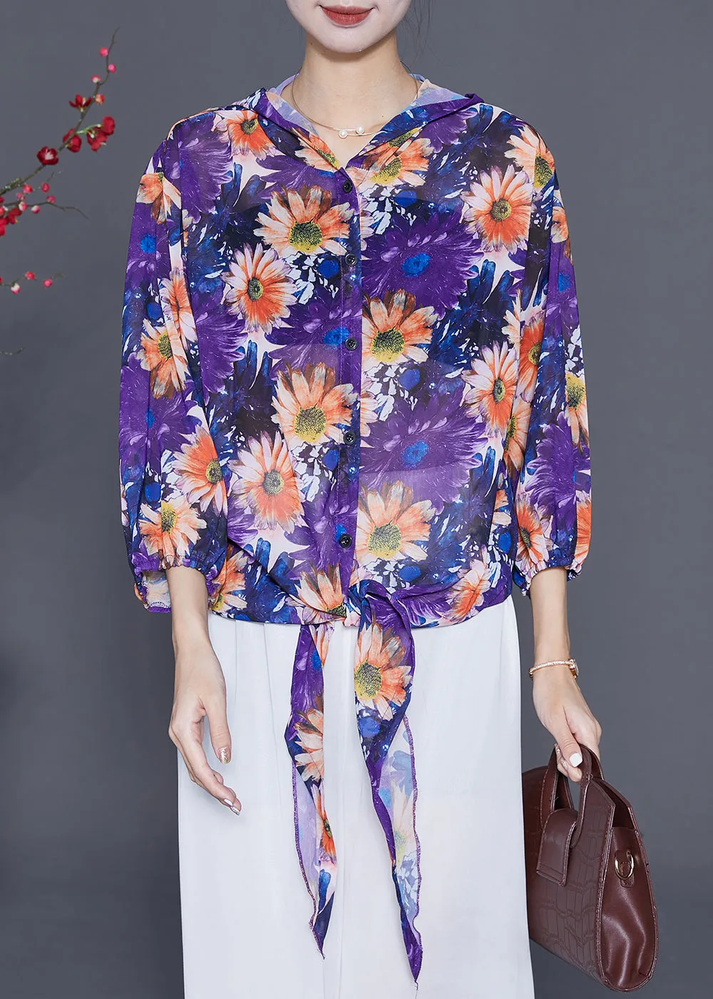 Purple Floral Chiffon UPF 50  Shirt Top Hooded Summer