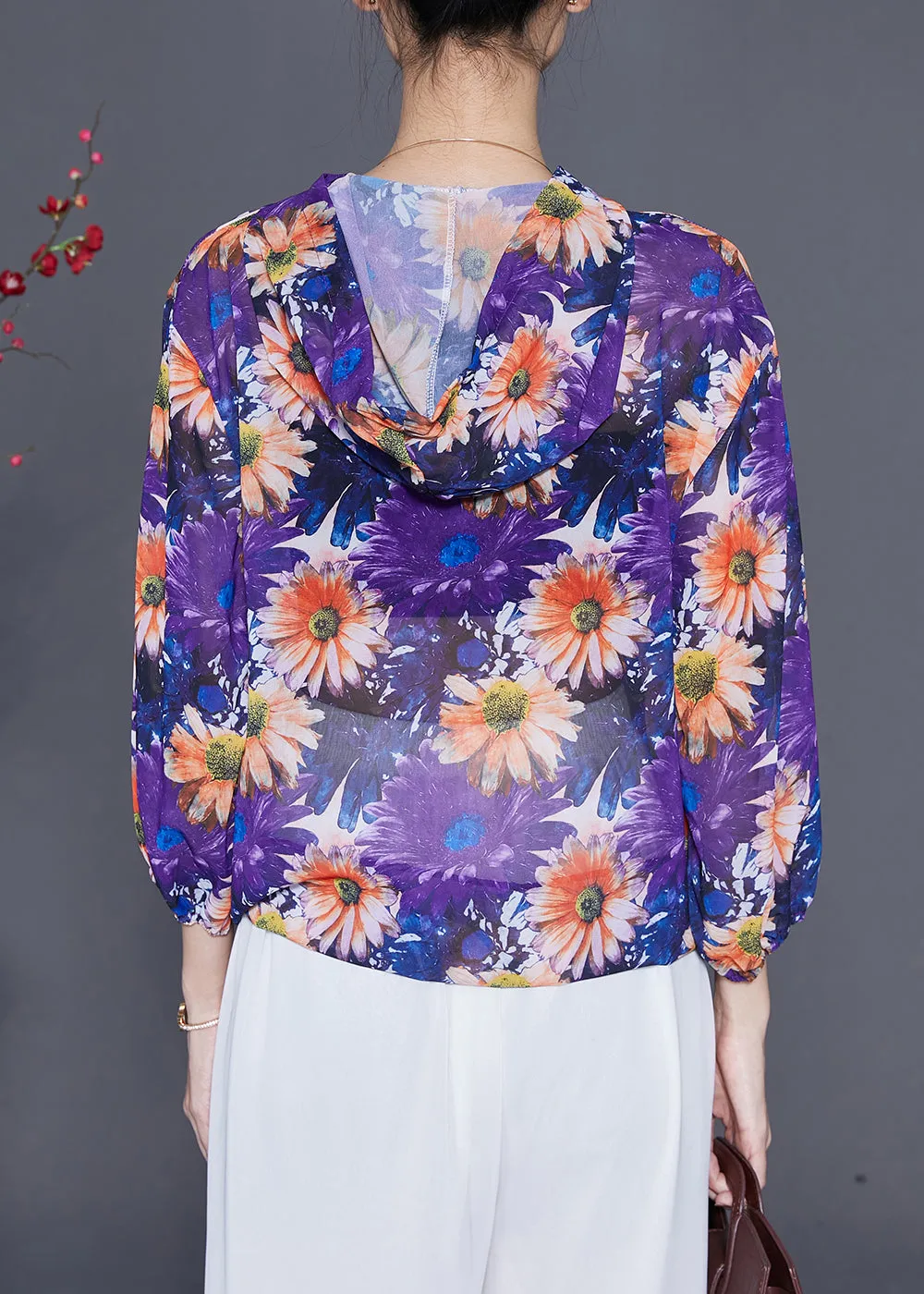 Purple Floral Chiffon UPF 50  Shirt Top Hooded Summer