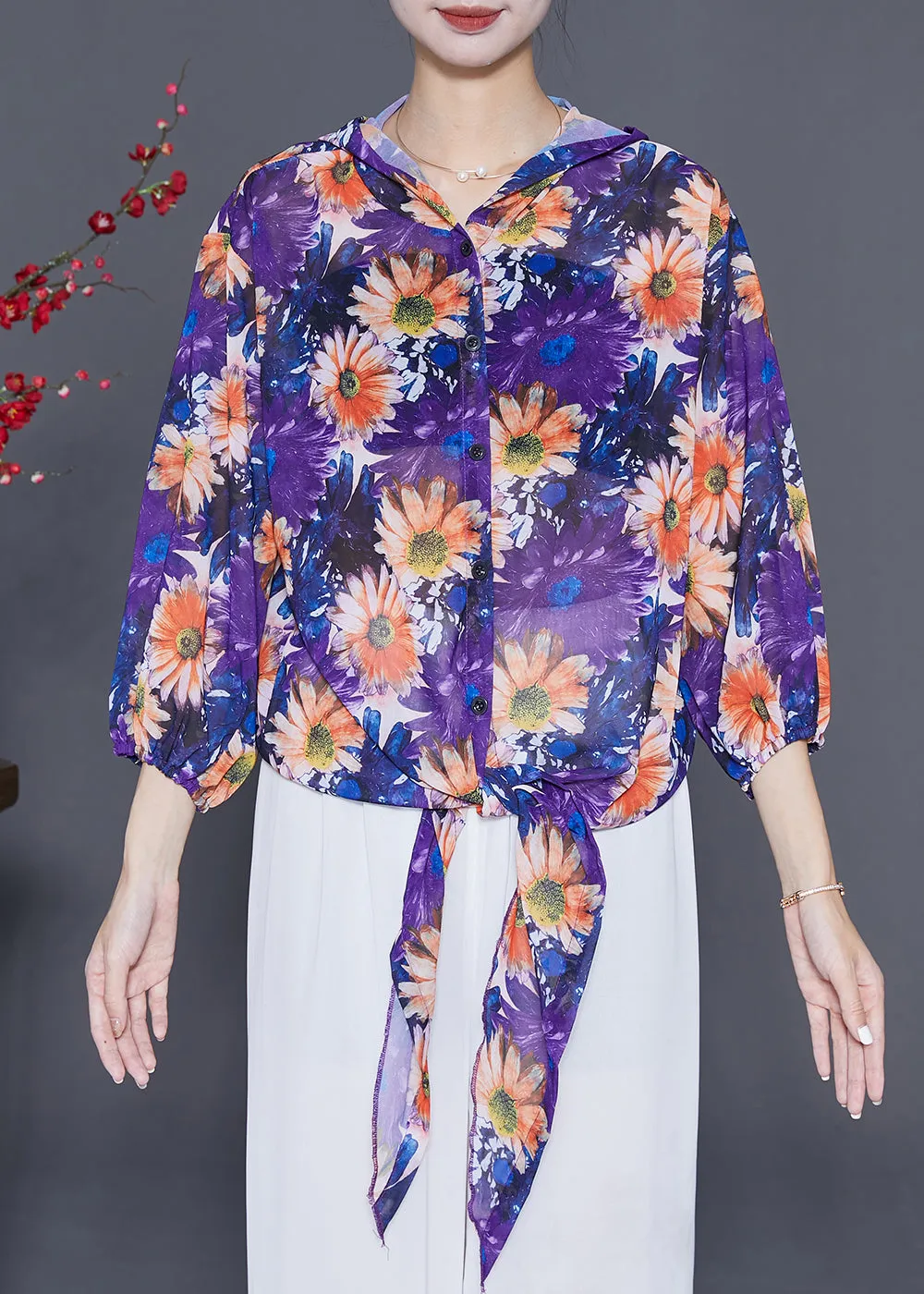 Purple Floral Chiffon UPF 50  Shirt Top Hooded Summer