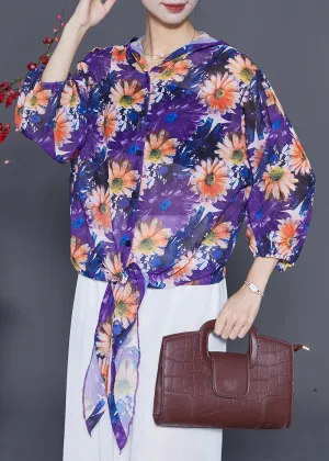 Purple Floral Chiffon UPF 50  Shirt Top Hooded Summer
