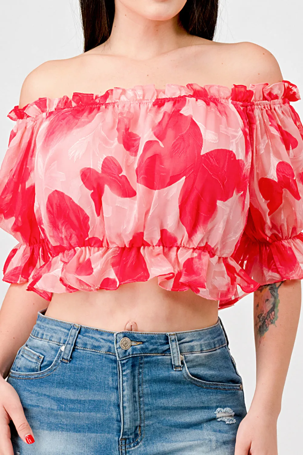 ROMANTIC CHIFFON PRINT OFF SHOULDER CROPPED TOP