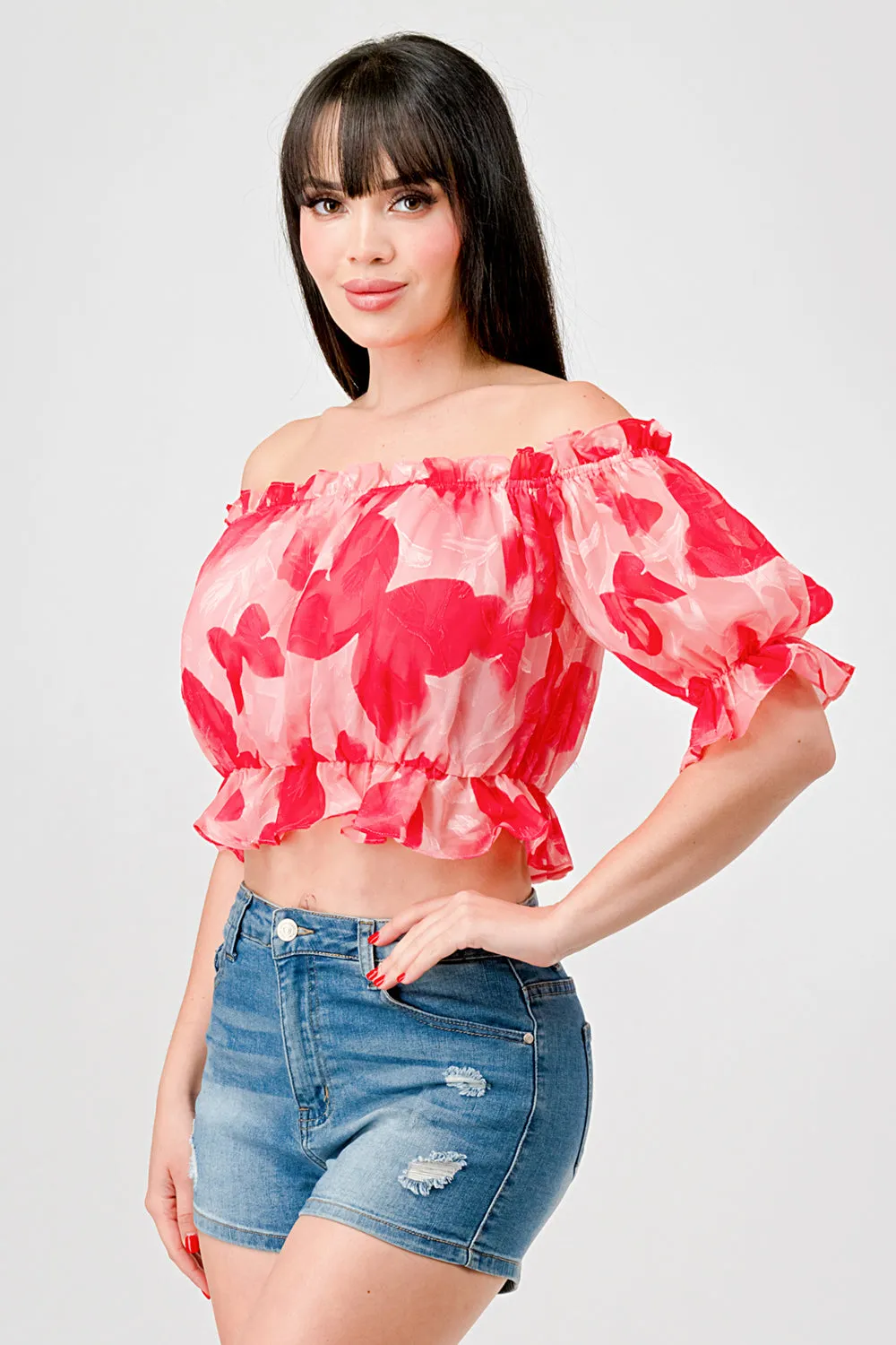 ROMANTIC CHIFFON PRINT OFF SHOULDER CROPPED TOP