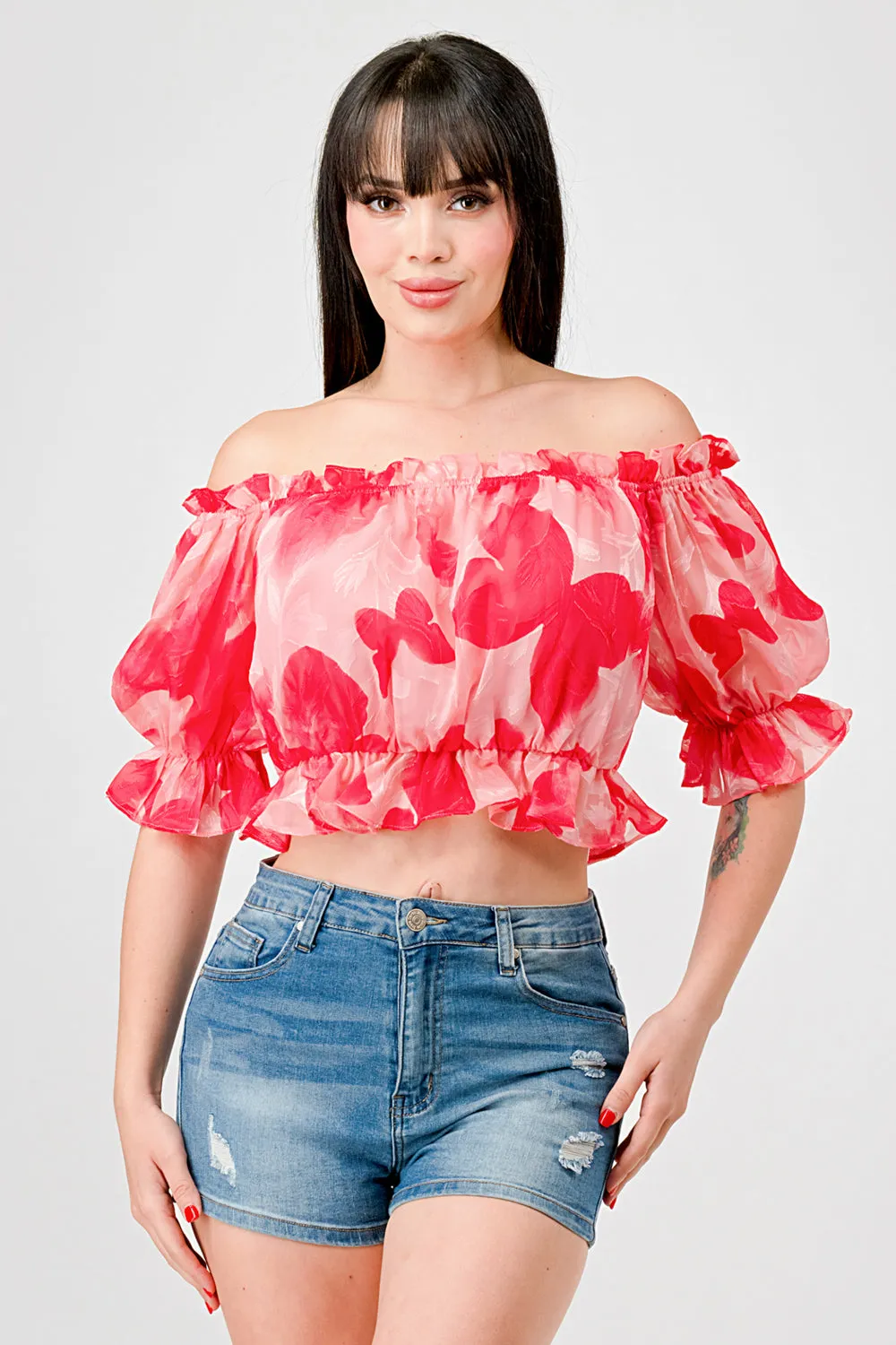 ROMANTIC CHIFFON PRINT OFF SHOULDER CROPPED TOP