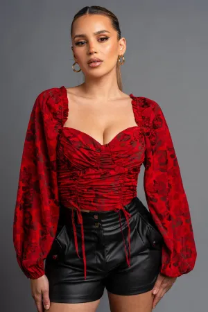 ROMANTIC FLORAL SWEETHEART SMOCKED BACK CROPPED TOP
