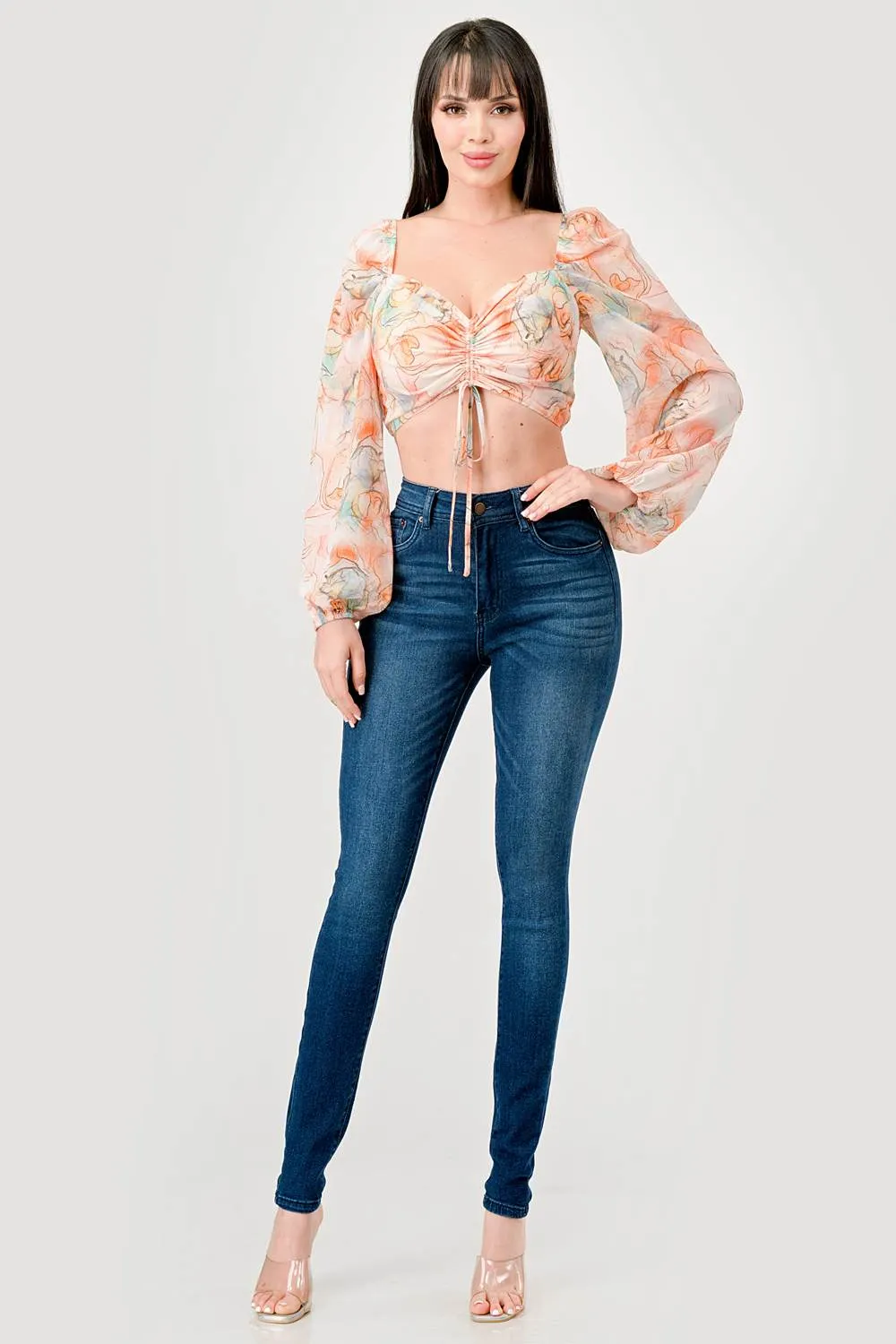 ROMANTIC PRINT CHIFFON RUCHED SWEETHEART CROP TOP