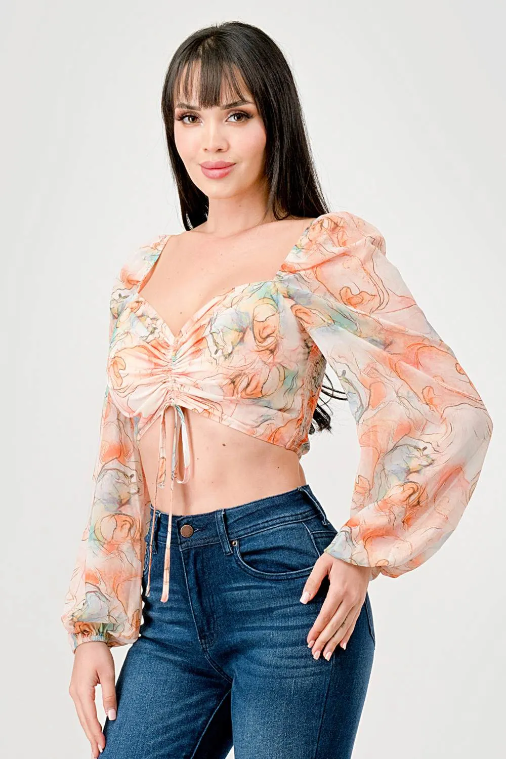 ROMANTIC PRINT CHIFFON RUCHED SWEETHEART CROP TOP