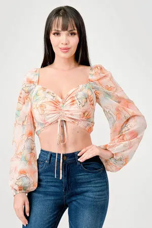 ROMANTIC PRINT CHIFFON RUCHED SWEETHEART CROP TOP