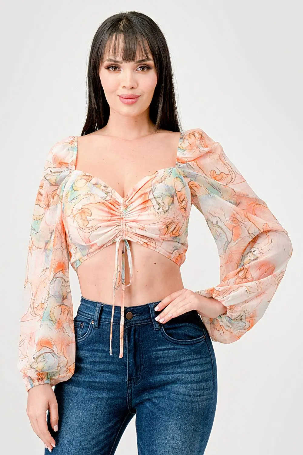 ROMANTIC PRINT CHIFFON RUCHED SWEETHEART CROP TOP