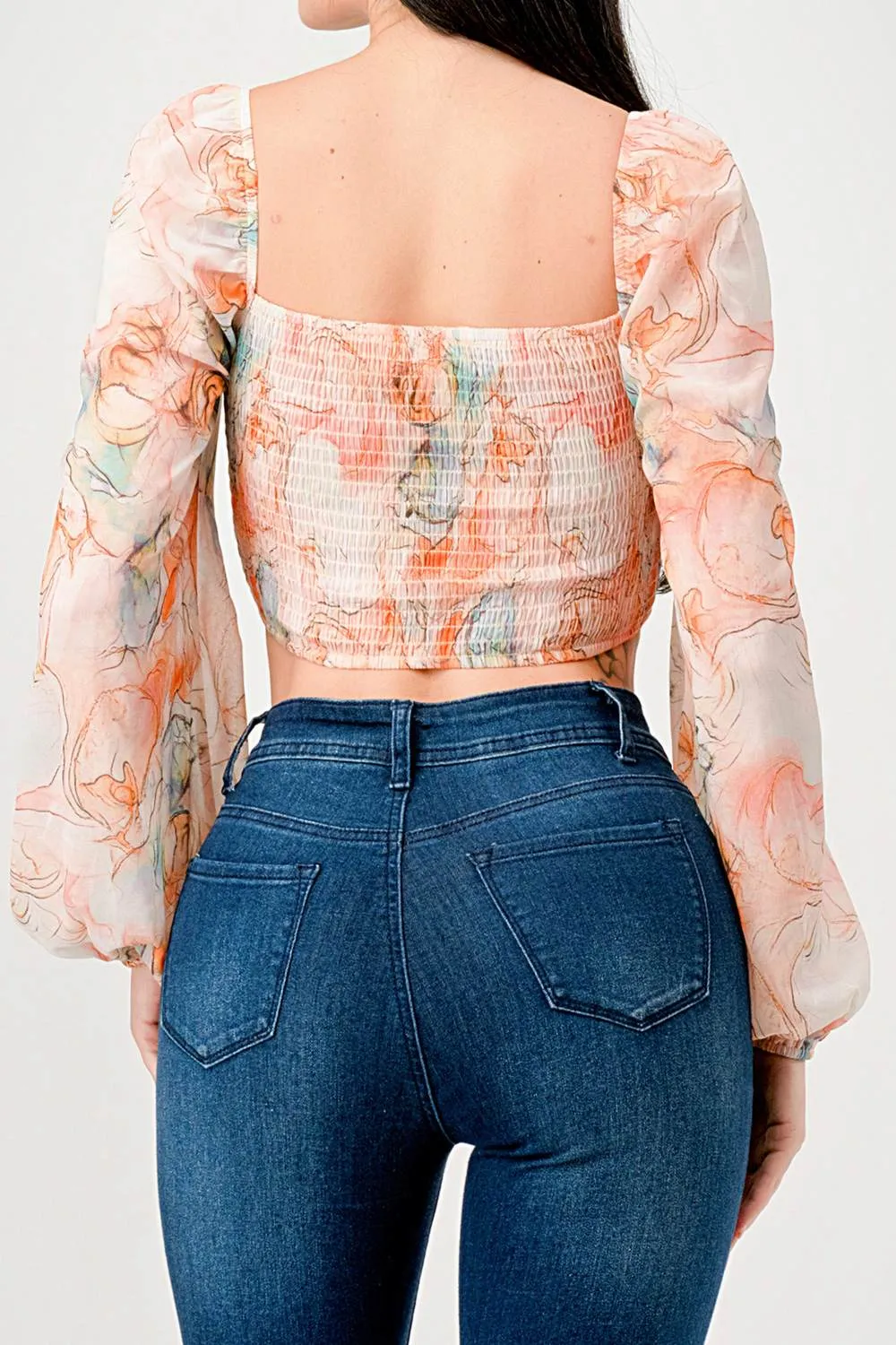 ROMANTIC PRINT CHIFFON RUCHED SWEETHEART CROP TOP
