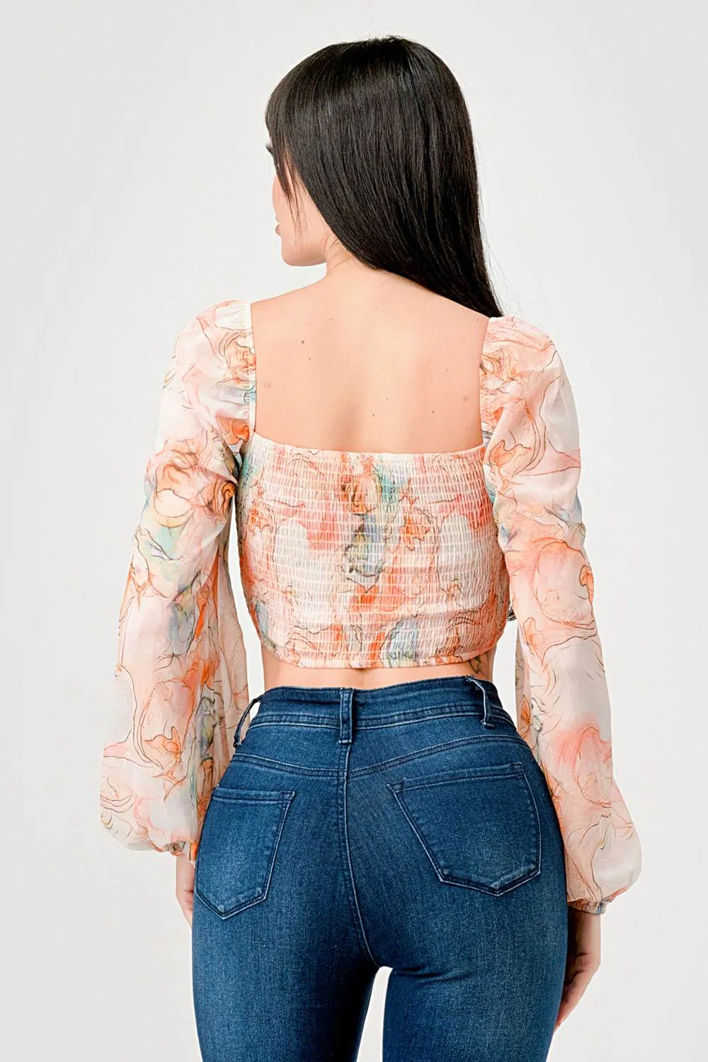 ROMANTIC PRINT CHIFFON RUCHED SWEETHEART CROP TOP