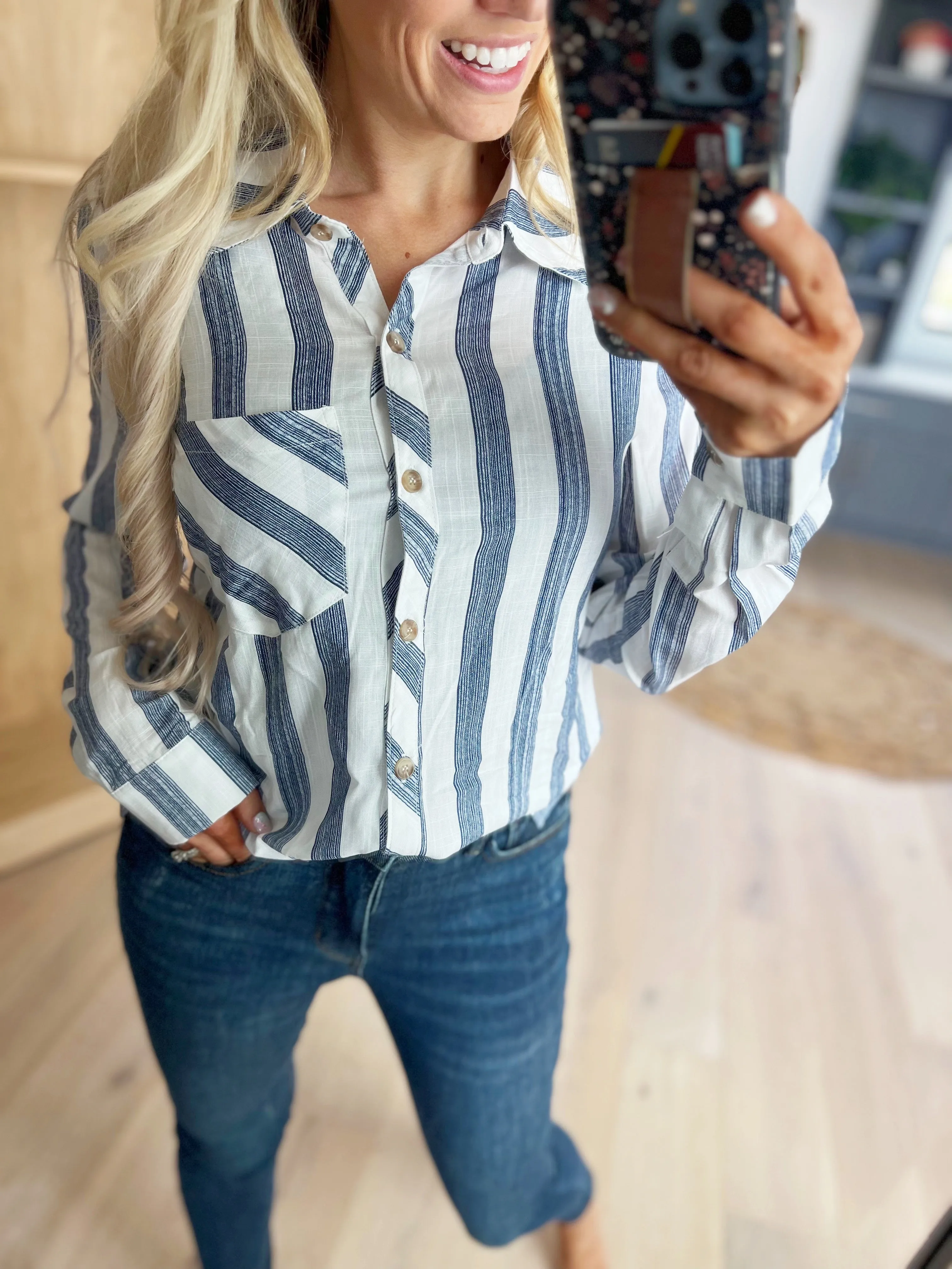 Sail Away Striped Button Down in Navy