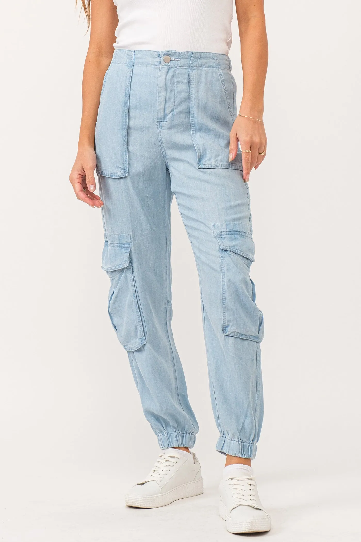 SANDY SUPER HIGH RISE ANKLE TROUSER PANTS LIGHT INDIGO TENCEL