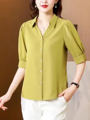 Satin Women Shirts Polo-Neck Solid Short-sleeved Chiffon Women Tops 2022 Summer Korean Fashion Vintage Ladies Top Button Shirt X296675
