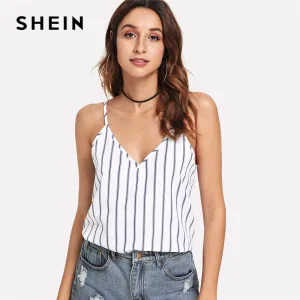 SHEIN Multicolor Weekend Casual Backless Double Deep V-Neck Striped Cami Top Summer Women Going Out Sexy Vest