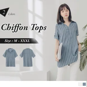 SHORT SLEEVE STRIPED CHIFFON TOPS