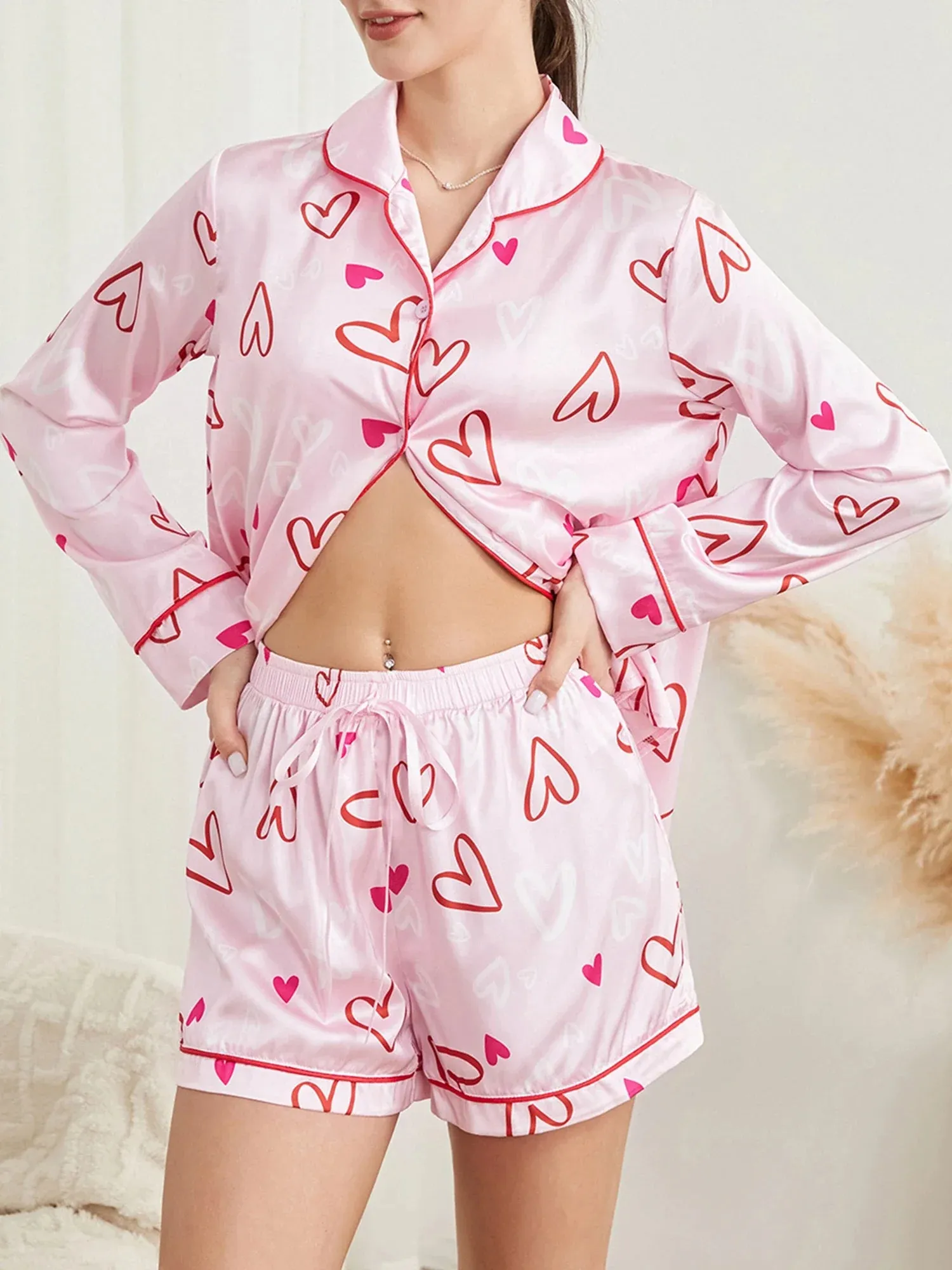 Shorts Short Long Sleeve Button Down Shirt Pjs Loungewear Floral Pajamas