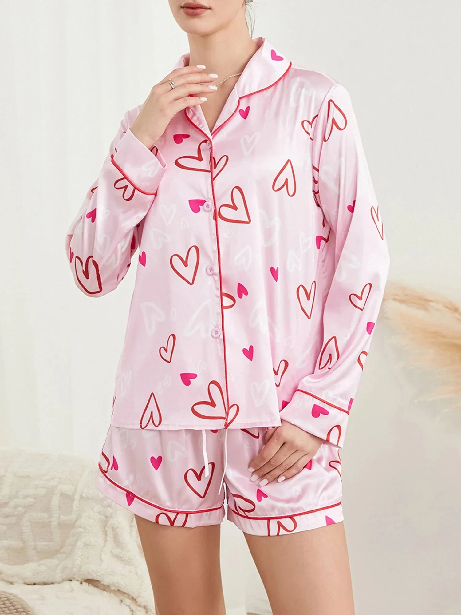 Shorts Short Long Sleeve Button Down Shirt Pjs Loungewear Floral Pajamas