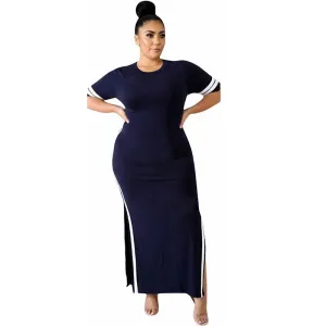 Side Split Plain Maxi Dresses With Contrast Bands #Blue #Short Sleeve #Round Neck #Side Split