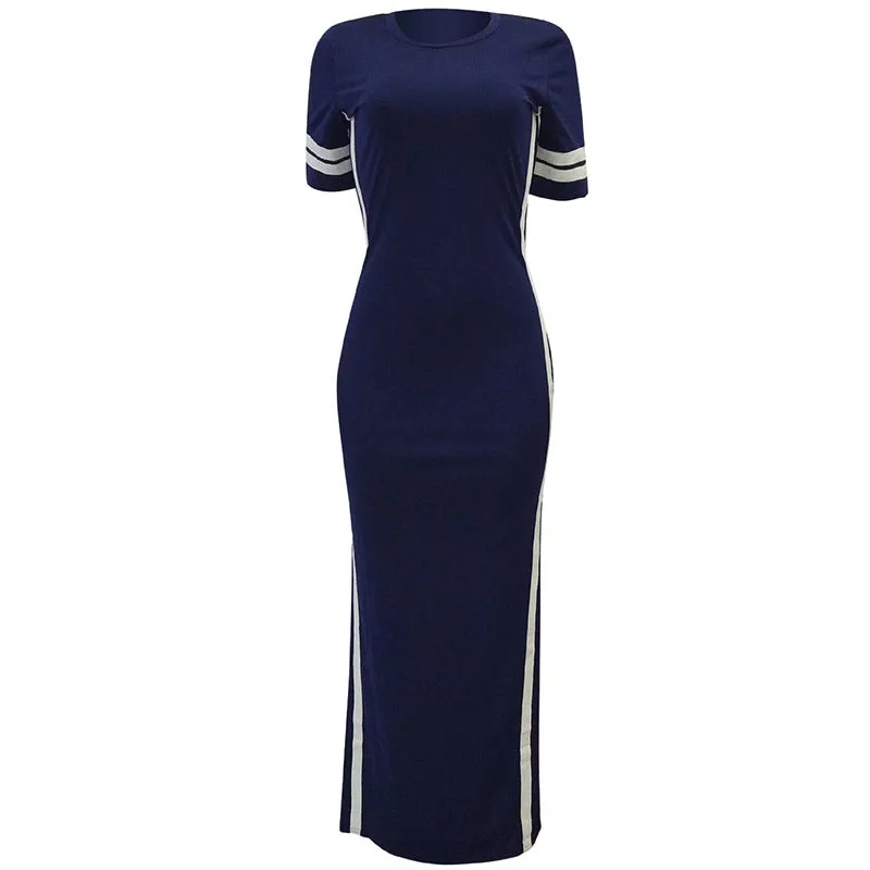 Side Split Plain Maxi Dresses With Contrast Bands #Blue #Short Sleeve #Round Neck #Side Split