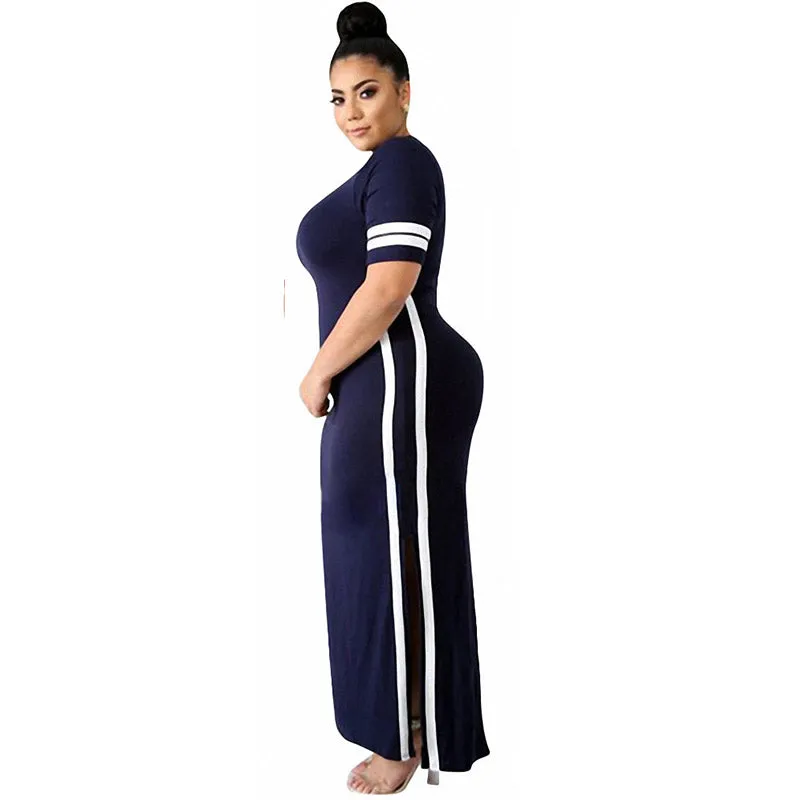 Side Split Plain Maxi Dresses With Contrast Bands #Blue #Short Sleeve #Round Neck #Side Split