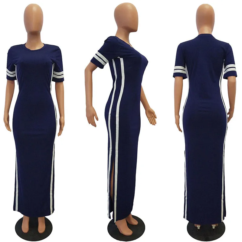 Side Split Plain Maxi Dresses With Contrast Bands #Blue #Short Sleeve #Round Neck #Side Split