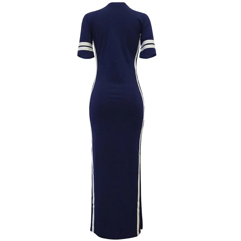 Side Split Plain Maxi Dresses With Contrast Bands #Blue #Short Sleeve #Round Neck #Side Split