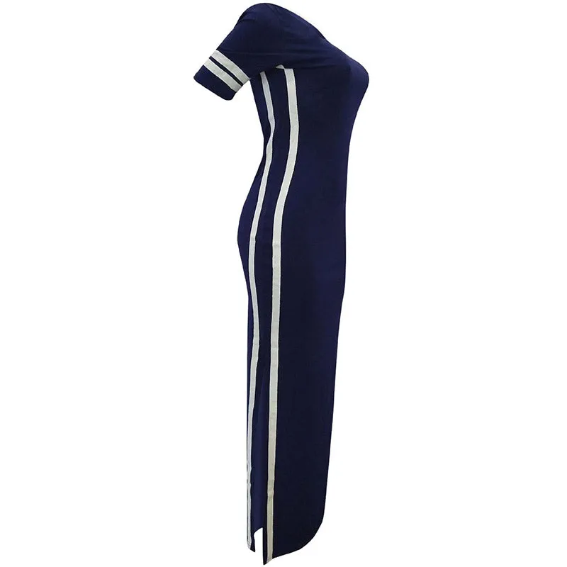Side Split Plain Maxi Dresses With Contrast Bands #Blue #Short Sleeve #Round Neck #Side Split