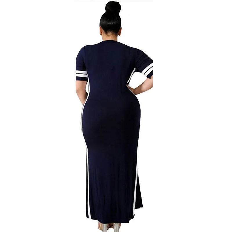 Side Split Plain Maxi Dresses With Contrast Bands #Blue #Short Sleeve #Round Neck #Side Split