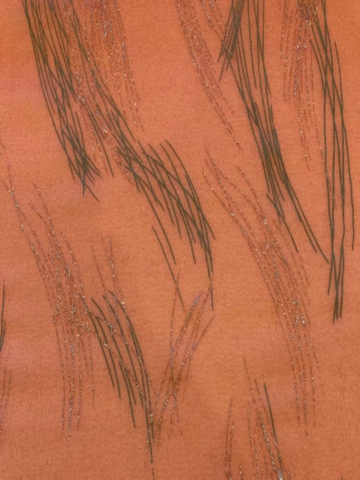 Silver Glitter on Orange Crinkle Chiffon, Green/Grey Overprint