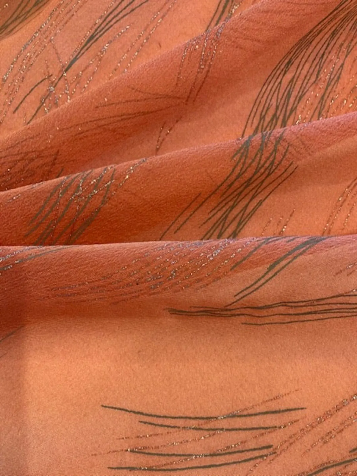 Silver Glitter on Orange Crinkle Chiffon, Green/Grey Overprint