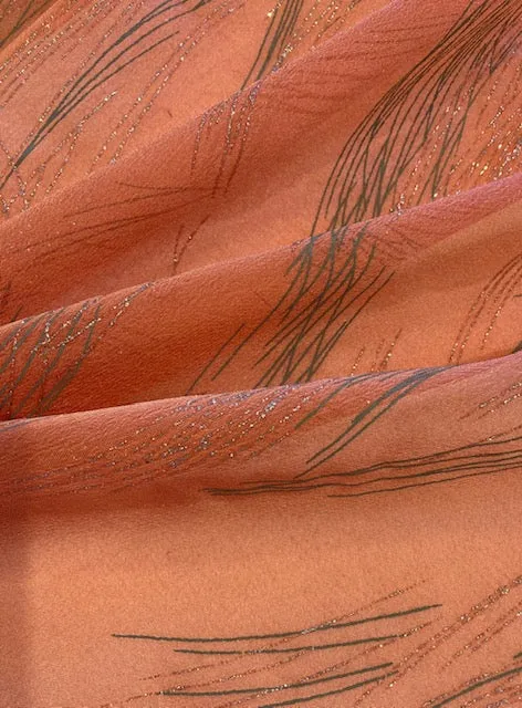 Silver Glitter on Orange Crinkle Chiffon, Green/Grey Overprint