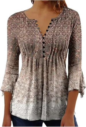 SMIDOW 3/4 Sleeve t-Shirt Shirts For Women Casual Summer Trendy Graphic Tees Floral Print v Neck Empire Waist Tunic Tops