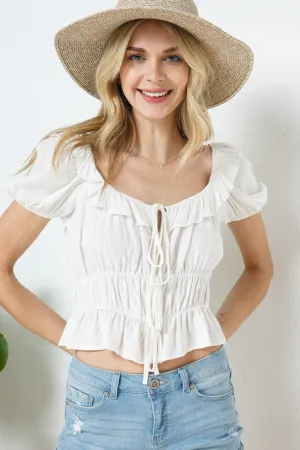 Solid Smocked Peasant Blouse Top