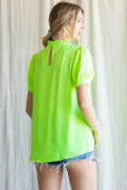 Solid Top W Frilled Neck Ruched Bodice Back Key Hole Short Peasant Sleeves