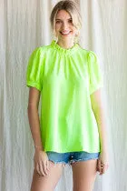 Solid Top W Frilled Neck Ruched Bodice Back Key Hole Short Peasant Sleeves