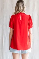 Solid Top W Frilled Neck Ruched Bodice Back Key Hole Short Peasant Sleeves