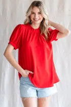 Solid Top W Frilled Neck Ruched Bodice Back Key Hole Short Peasant Sleeves