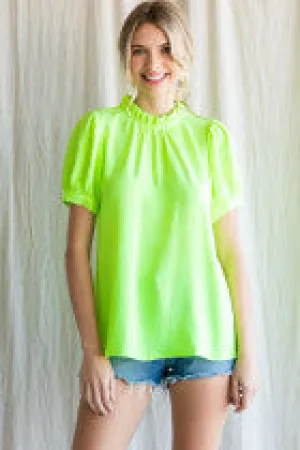 Solid Top W Frilled Neck Ruched Bodice Back Key Hole Short Peasant Sleeves