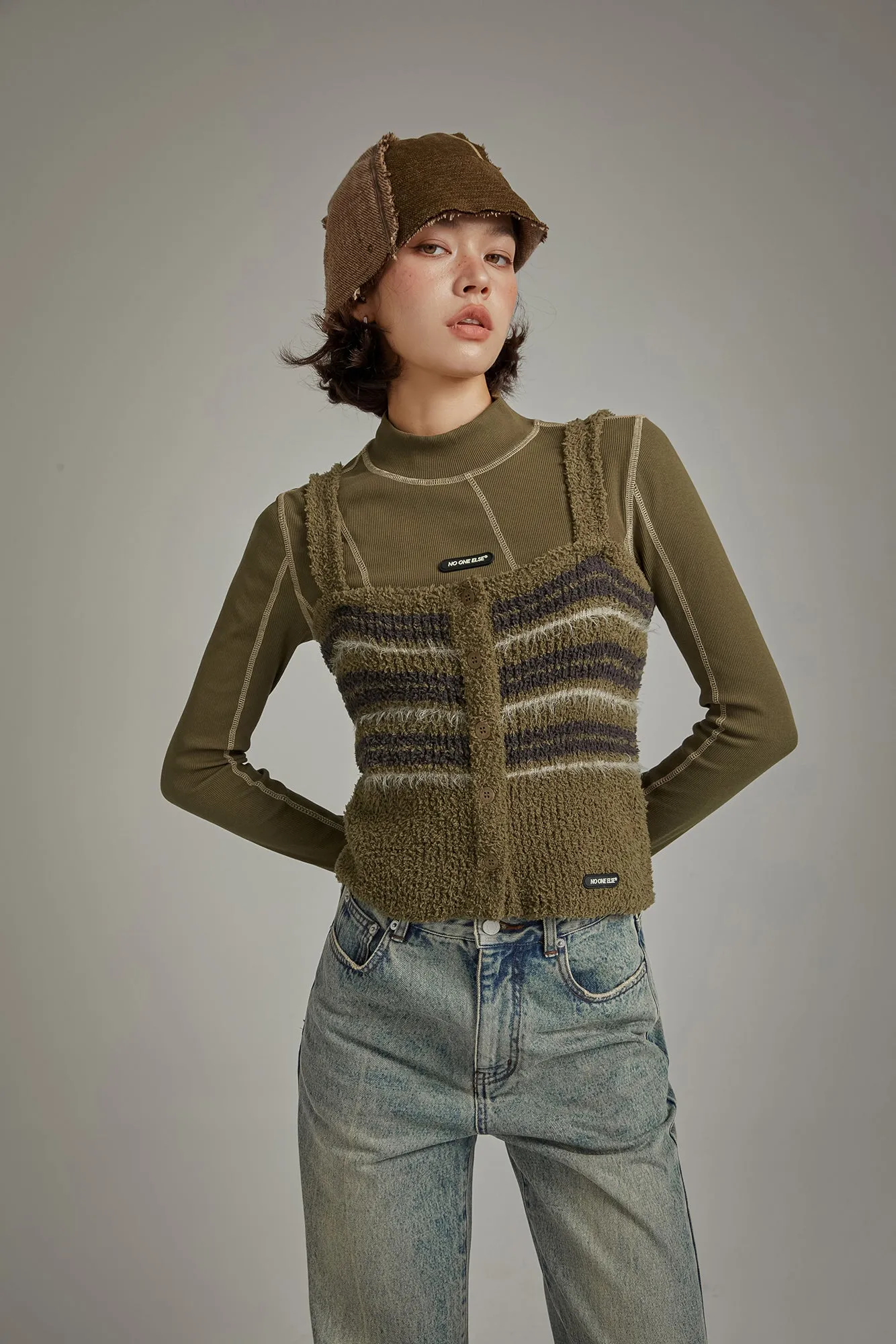 Striped Fuzzy Sleeveless Bustier Top