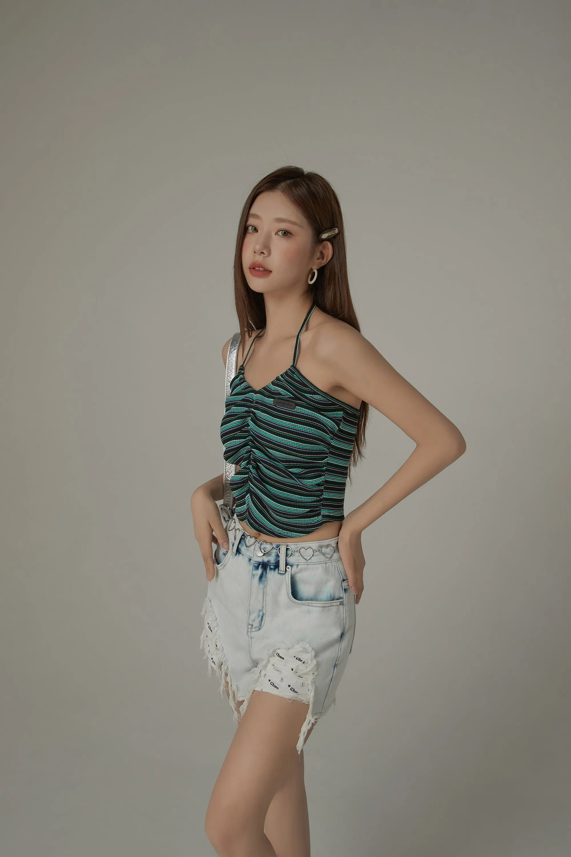 Striped Shirring Sleeveless Top